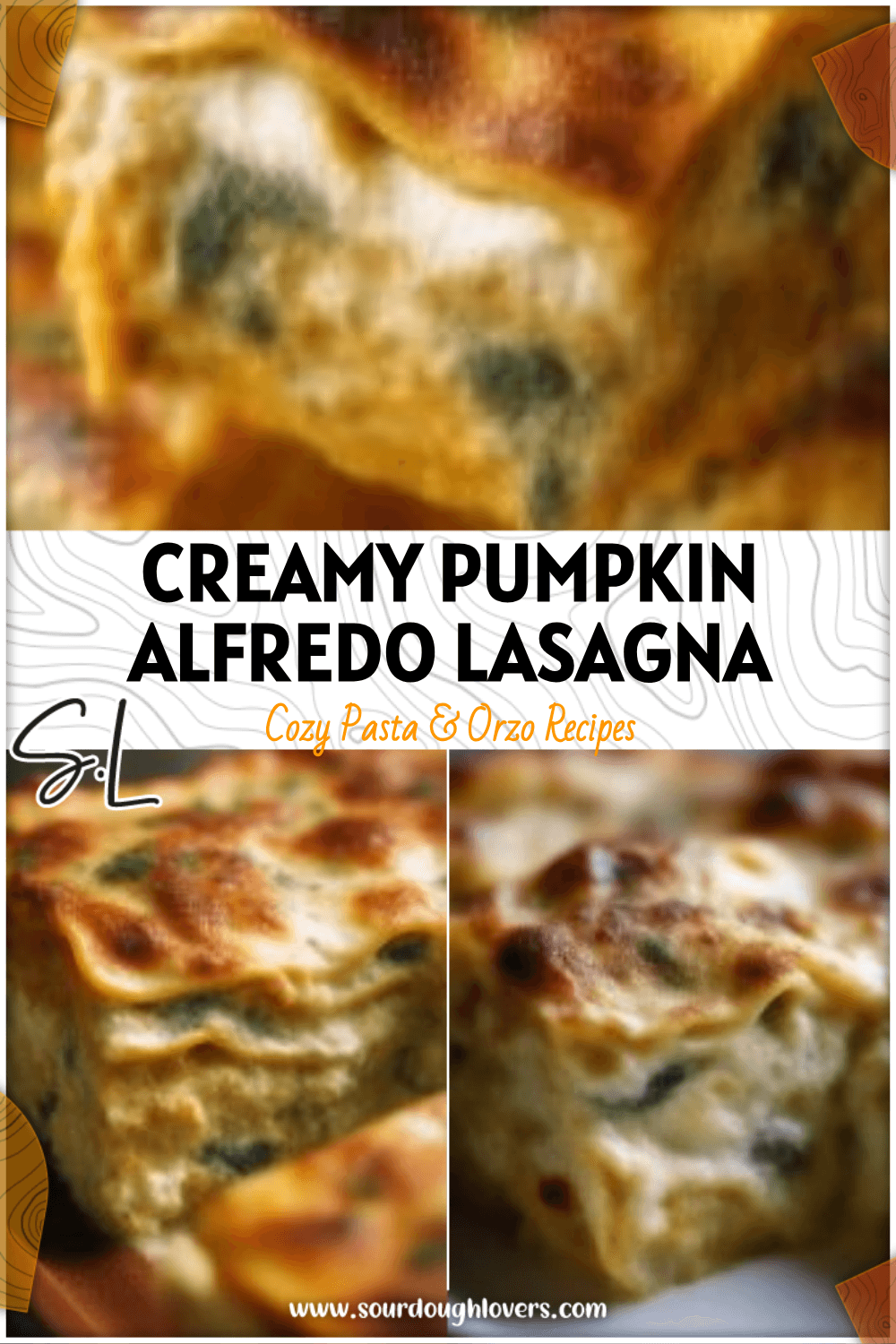 Close-up of cheesy Pumpkin Alfredo Lasagna layered with spinach and ricotta in a baking dish 26